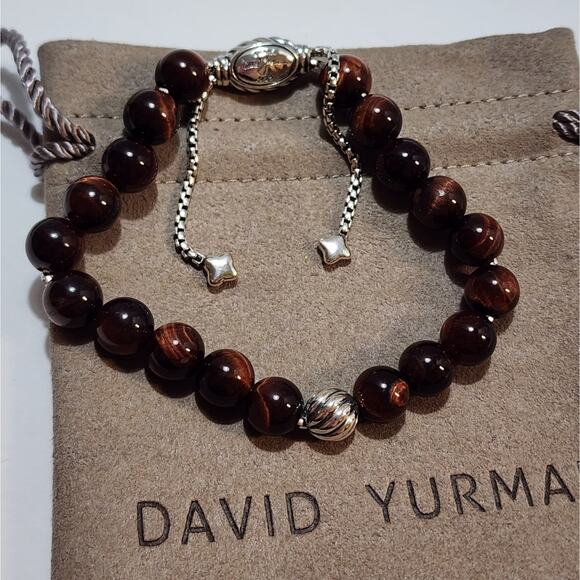 David Yurman‎ Sterling Silver Red Tiger's Eye Spiritual Bead Bracelet Adjustable - Picture 1 of 10